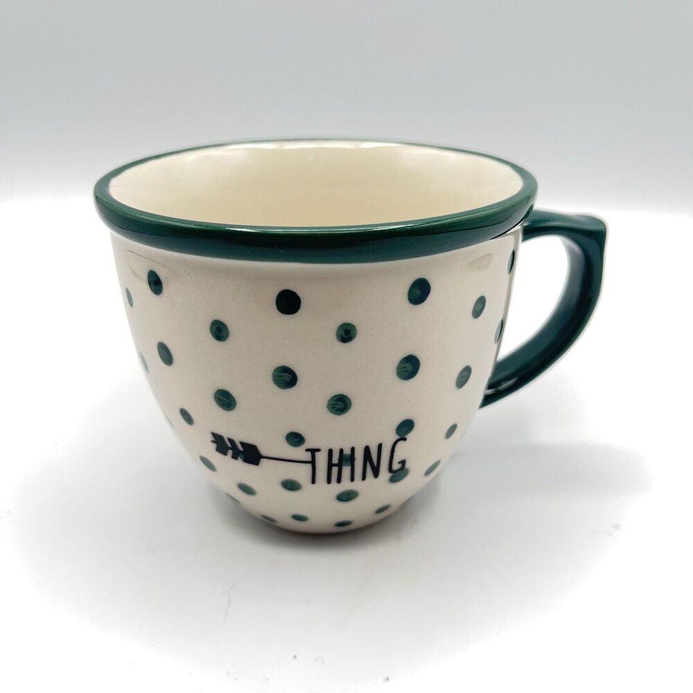 Pioneer Woman Coffee Cup Mug White w/Retro Green Dots And Rim Polka Dot Pattern